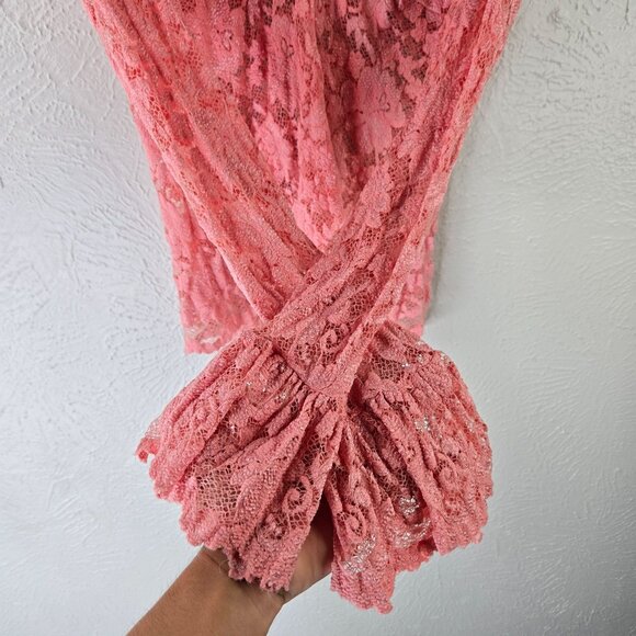 Moda Floral Lace Blouse Medium Pink Sheer Bell Sleeve Dressy Fairy Coquette Top - Picture 6 of 12